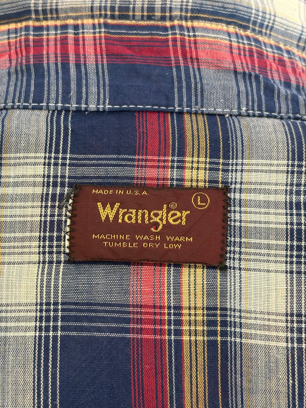 Vintage Wrangler Western Plaid Shirt — Pearl Snap — Size Large made in USA