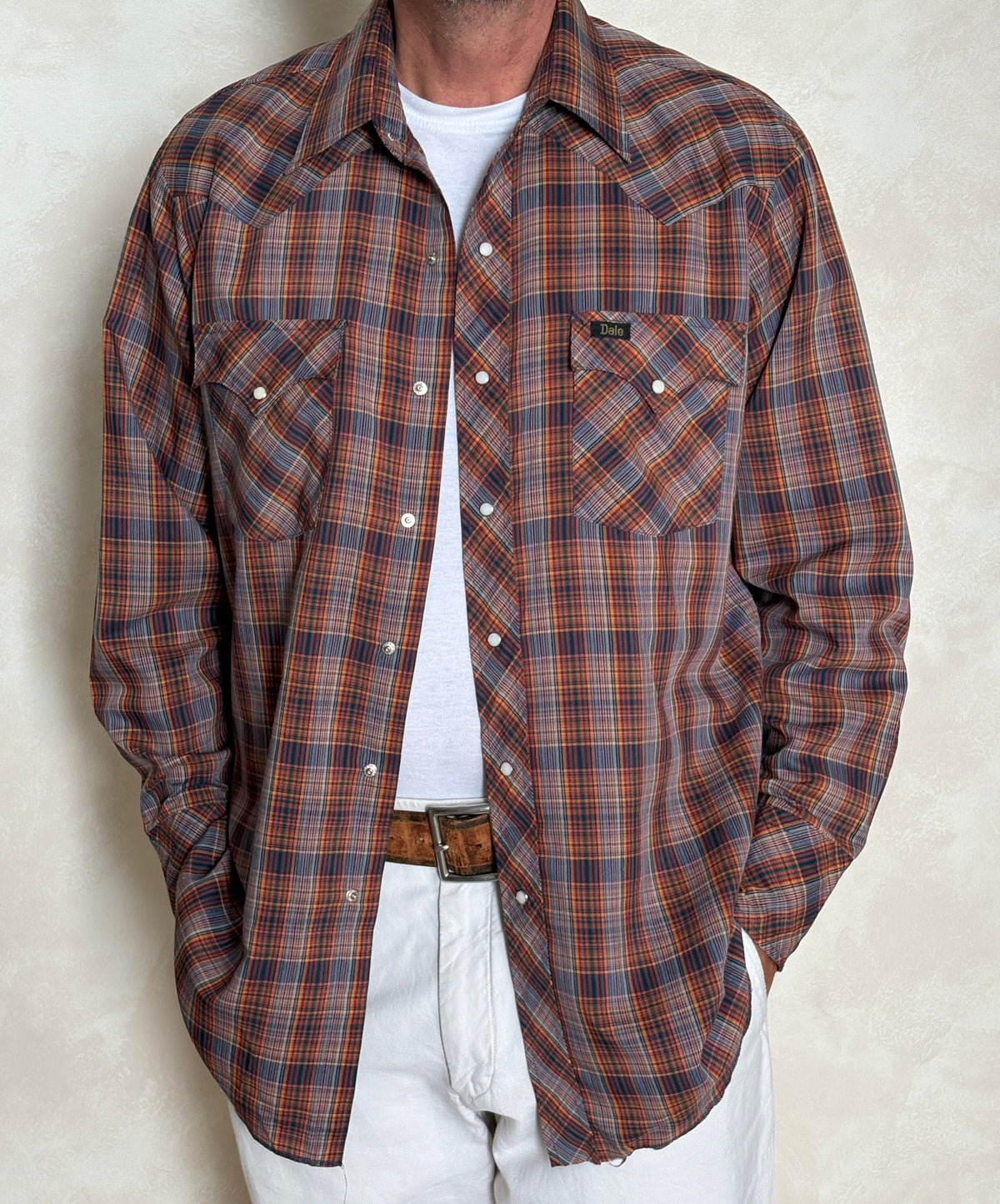 Vintage Dale Western Plaid Shirt — Pearl Snap — Size Large MADE IN USA