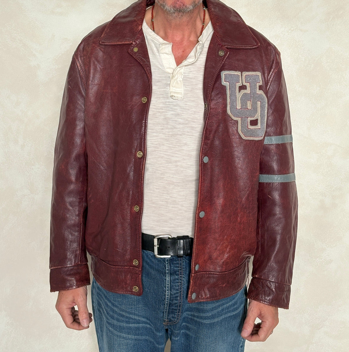 Size 44US / 54EU Vintage University of Ottawa Varsity Jacket — Maroon Leather Bomber — Canadian College Jacket 1970s-AJ357 Studio