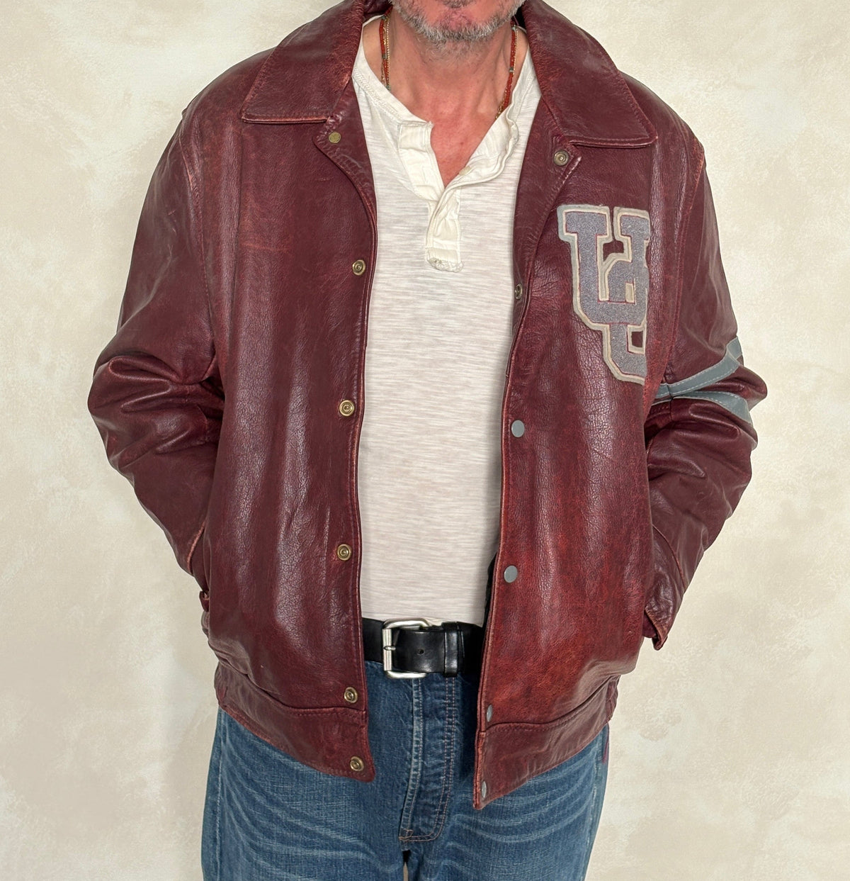 Size 44US / 54EU Vintage University of Ottawa Varsity Jacket — Maroon Leather Bomber — Canadian College Jacket 1970s-AJ357 Studio