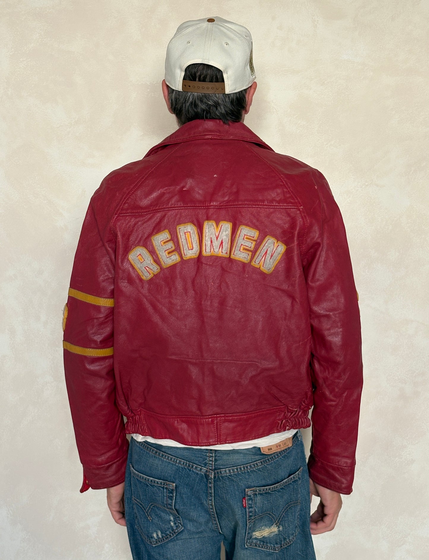 Size 38US / 48EU. Vintage 1970s Redmen Leather Varsity Jacket — St. Boniface College Style — Canadian Sports Team Bomber #29 SB Patch