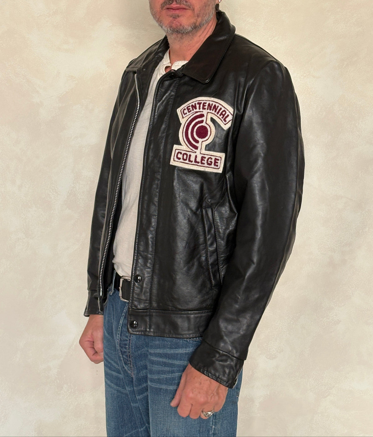 Vintage black 1970s Centennial College Leather Varsity Jacket – Designed in Canada, Size 40US / 50EU-AJ357 Studio