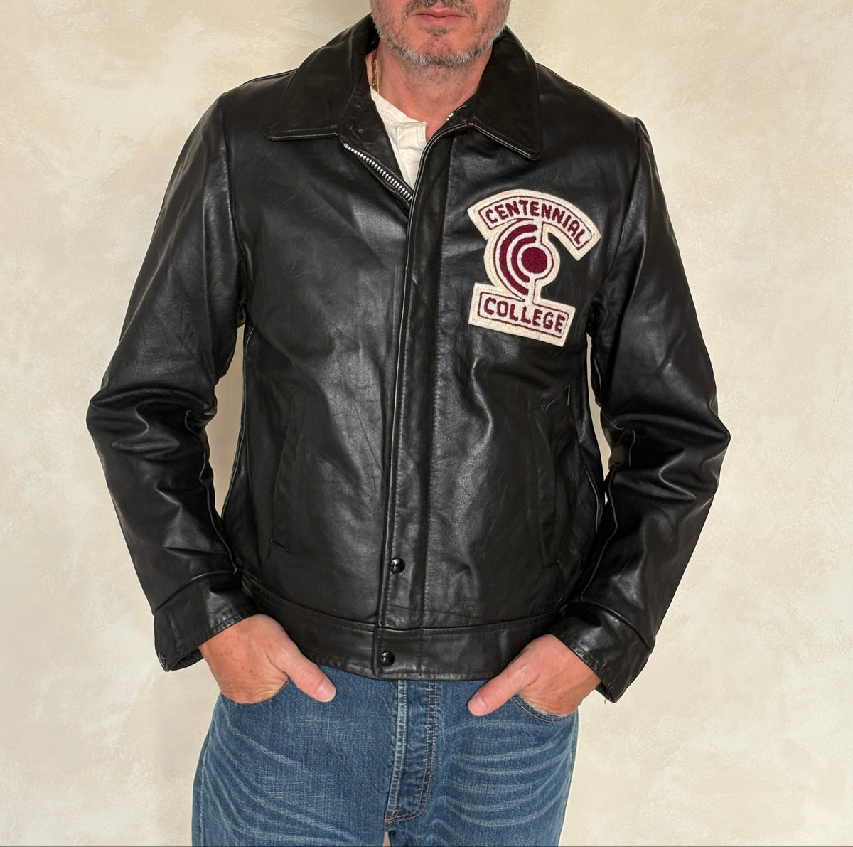 Vintage black 1970s Centennial College Leather Varsity Jacket – Designed in Canada, Size 40US / 50EU-AJ357 Studio