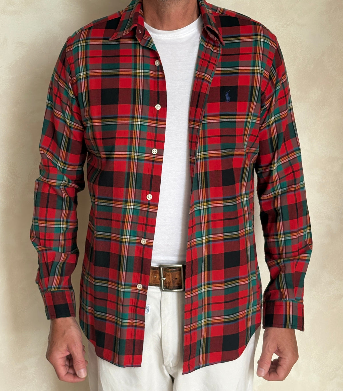 Vintage Ralph Lauren Classic Fit Navy Tartan Plaid Shirt — 100% Cotton — Size Large