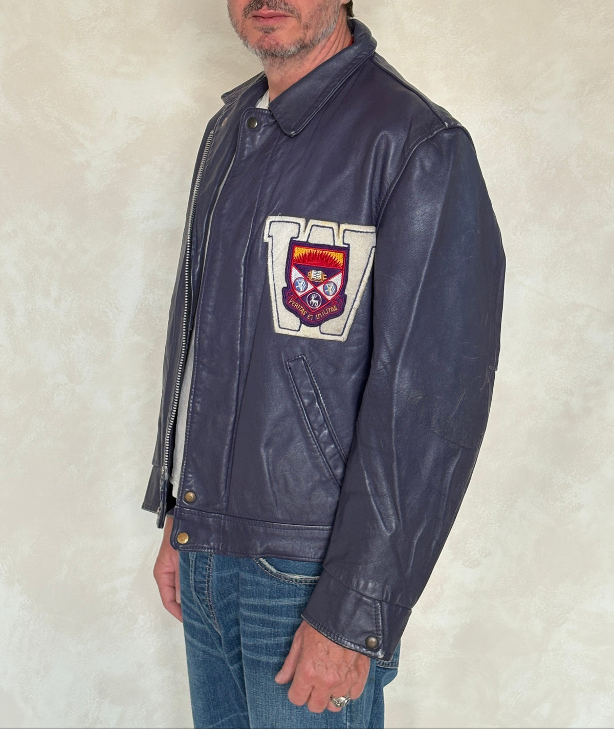 Vintage 1970s Western University Leather Varsity Jacket – Purple Letterman Bomber, Canadian College Style, Size 42US / 52EU Made in Canada-AJ357 Studio