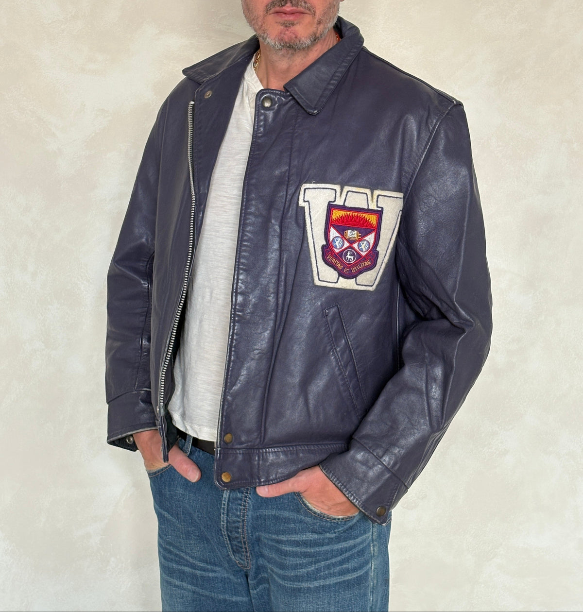 Vintage 1970s Western University Leather Varsity Jacket – Purple Letterman Bomber, Canadian College Style, Size 42US / 52EU Made in Canada-AJ357 Studio