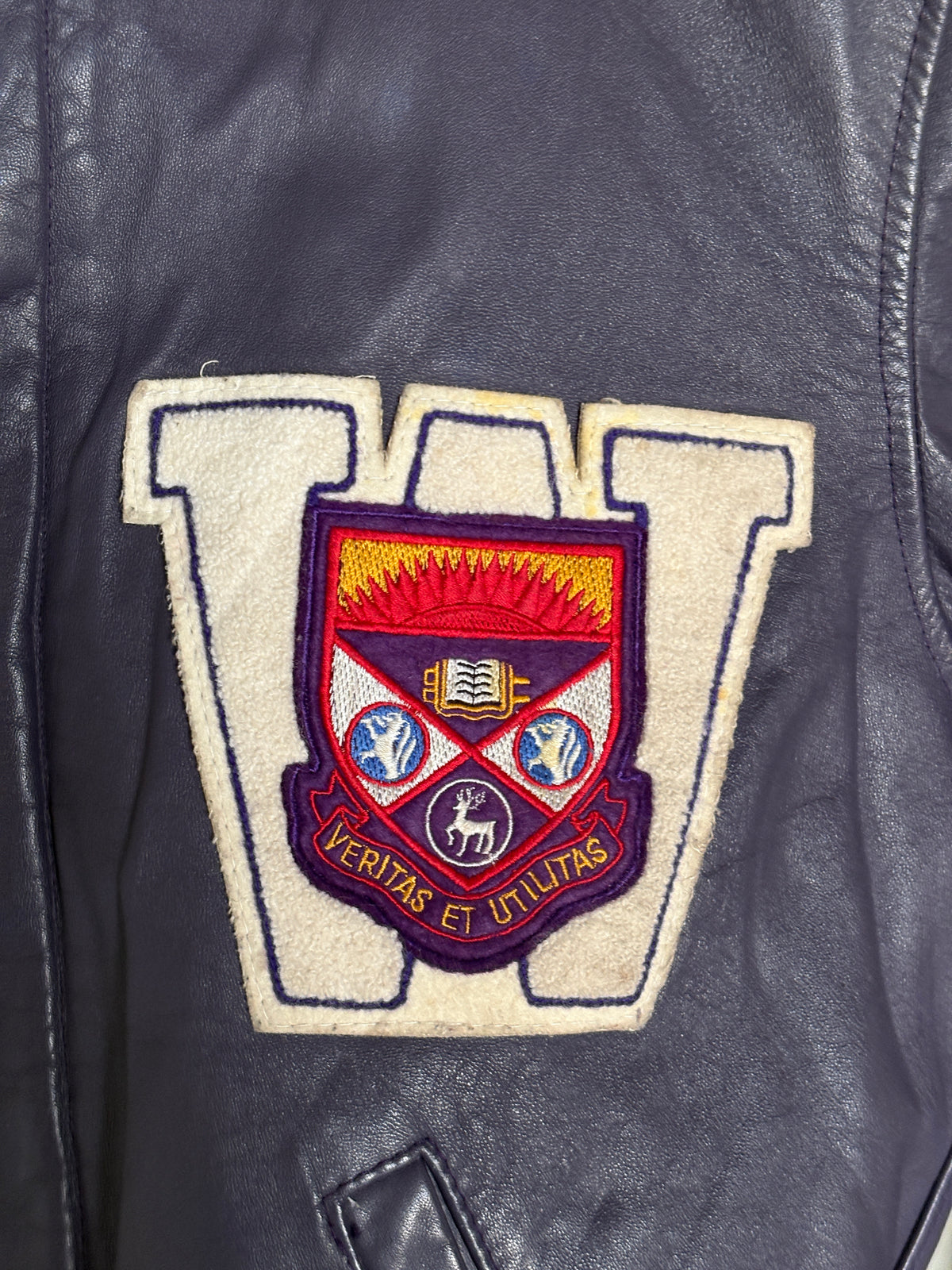 Vintage 1970s Western University Leather Varsity Jacket – Purple Letterman Bomber, Canadian College Style, Size 42US / 52EU Made in Canada-AJ357 Studio