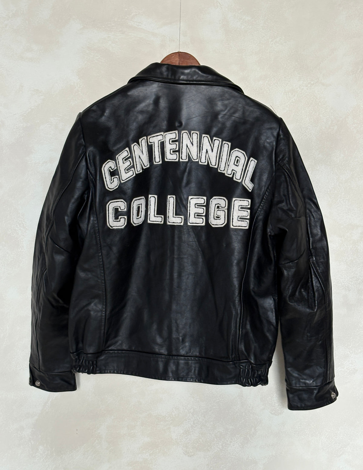 Vintage black 1970s Centennial College Leather Varsity Jacket – Designed in Canada, Size 40US / 50EU-AJ357 Studio