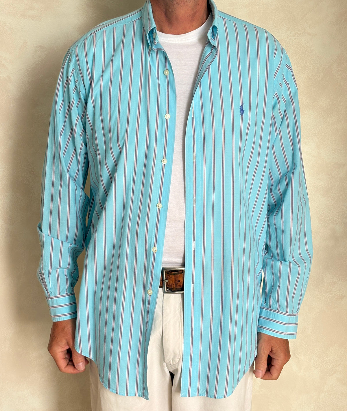 Vintage Ralph Lauren Classic Fit Turquoise Striped Shirt — 100% Cotton — Size Medium