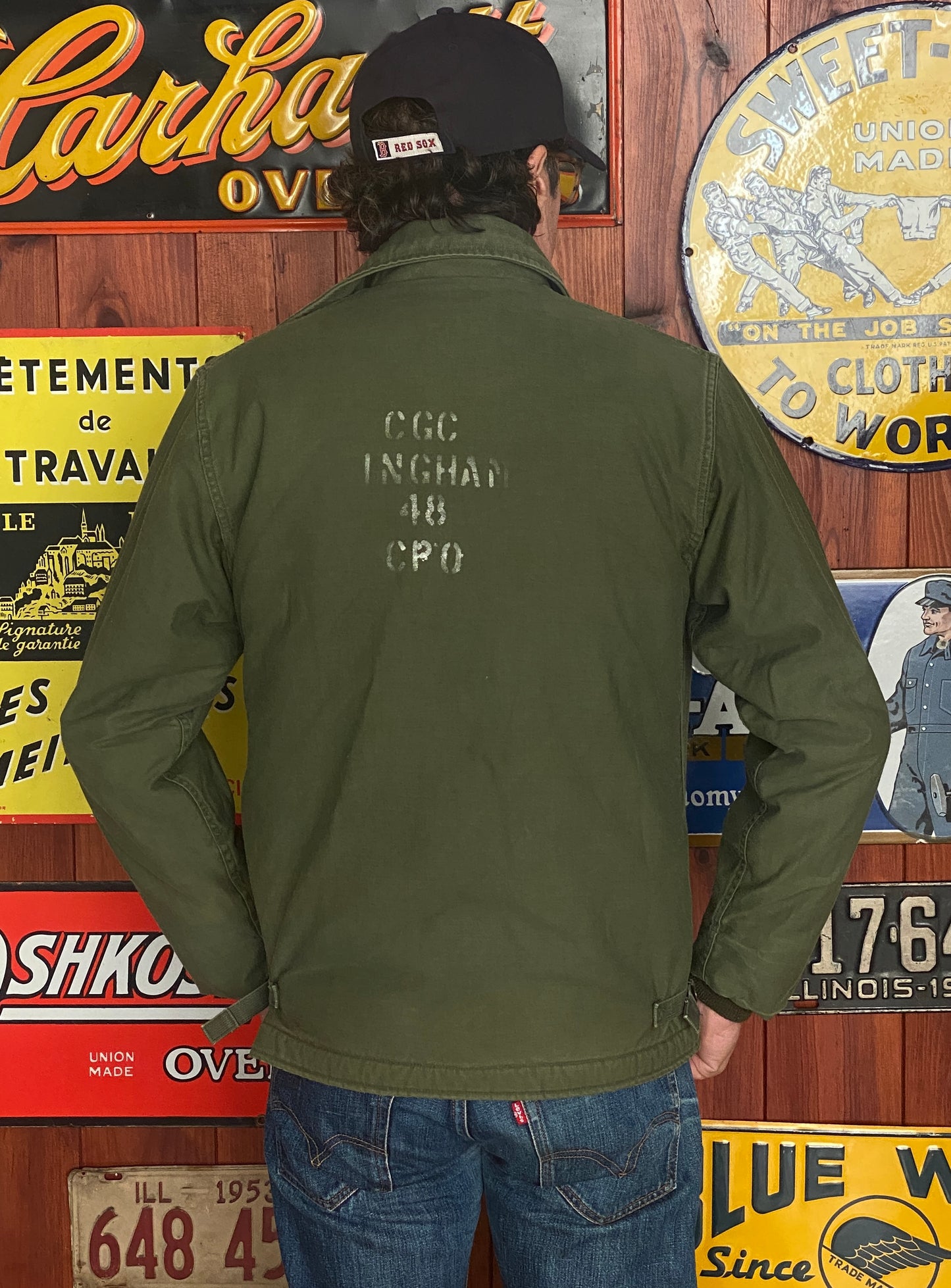 Vintage 1981 US Navy USN deck jacket with wool lining, size Medium.