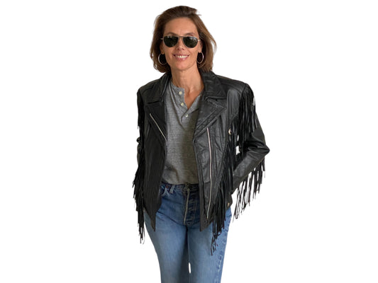 Size Small. Vintage leather fringe motorcycle jacket Made in USA - USA Vintage Bcn