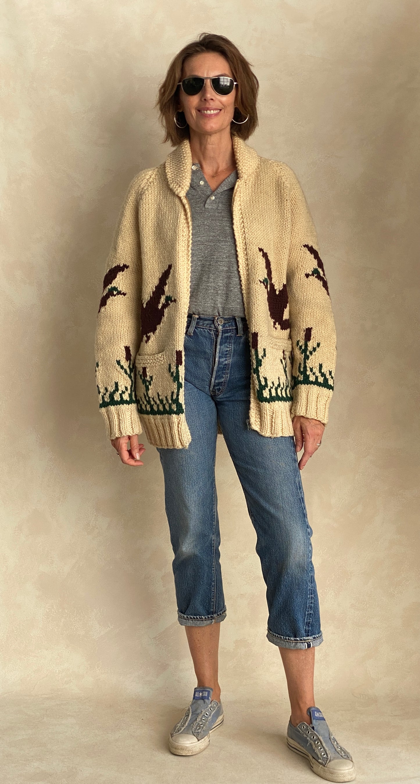 Vintage Hand Knit 100% Wool Cowichan hand made in Canada - USA Vintage Bcn vintage cowichan wool sweater hand knit in canada
