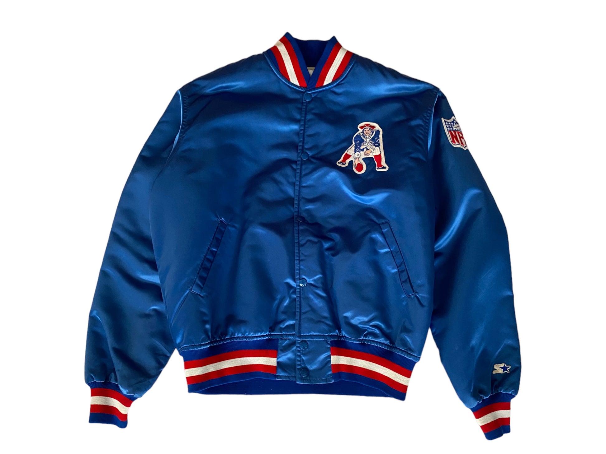 Vintage 1980s New England Patriots Starter satin jacket made in USA, size large.
