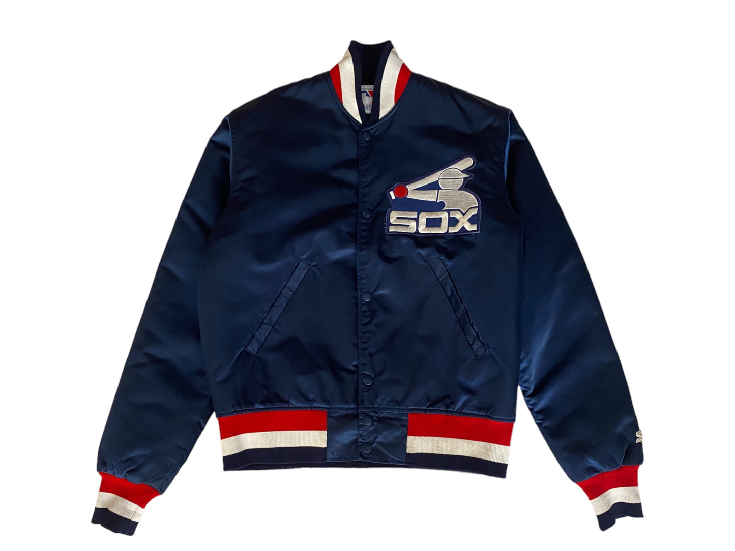 Vintage 1980s Chicago White Sox Starter satin jacket made in USA, size small.