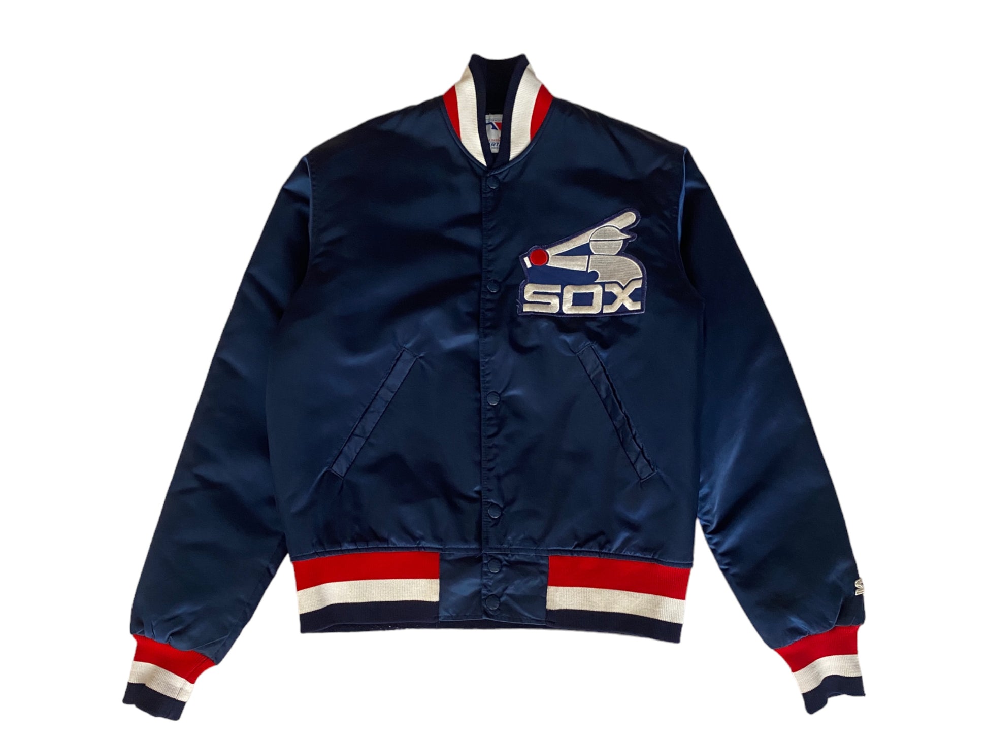 Vintage 1980s Chicago White Sox Starter satin jacket made in USA, size small.