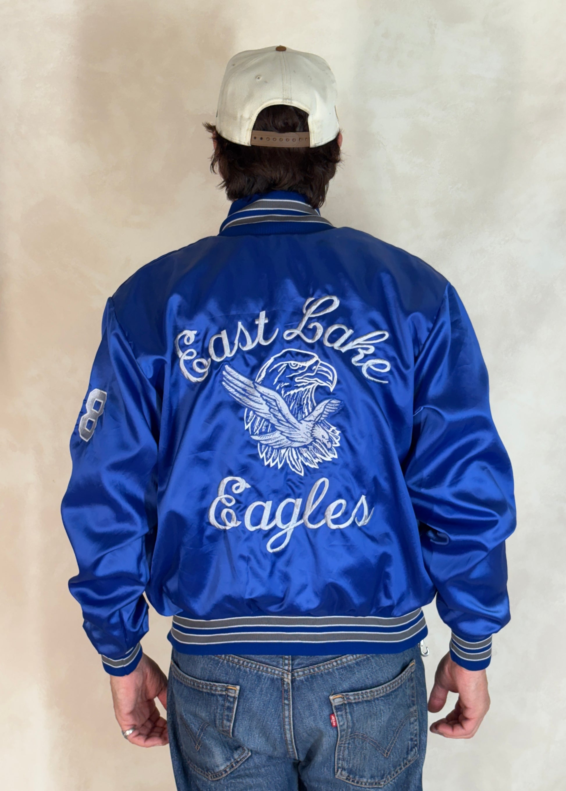 Size Med. Vintage embroidered 80s East Lake Eagle Satin Jacket Made In USA by Rennoc - USA Vintage Bcn
