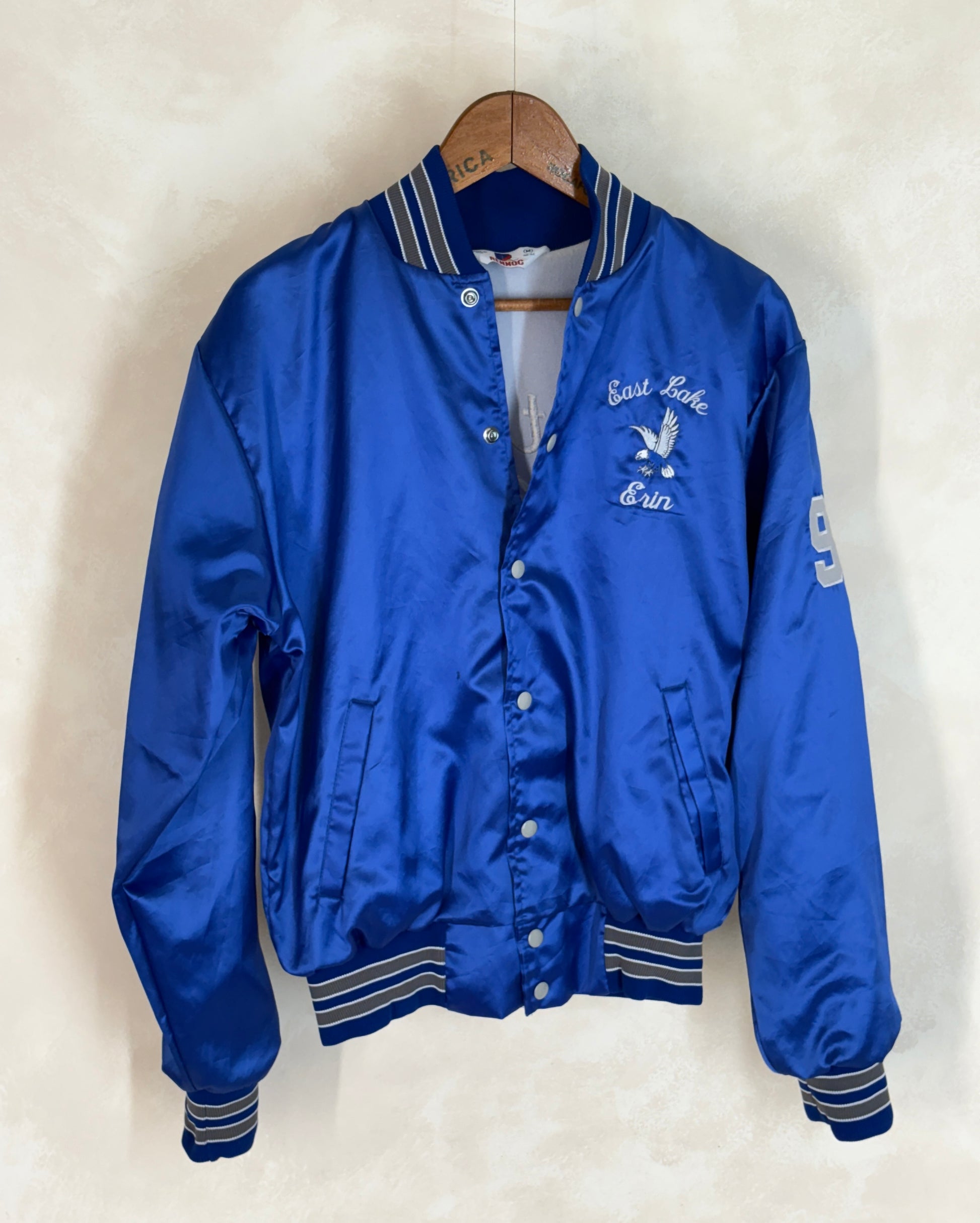Size Med. Vintage embroidered 80s East Lake Eagle Satin Jacket Made In USA by Rennoc - USA Vintage Bcn