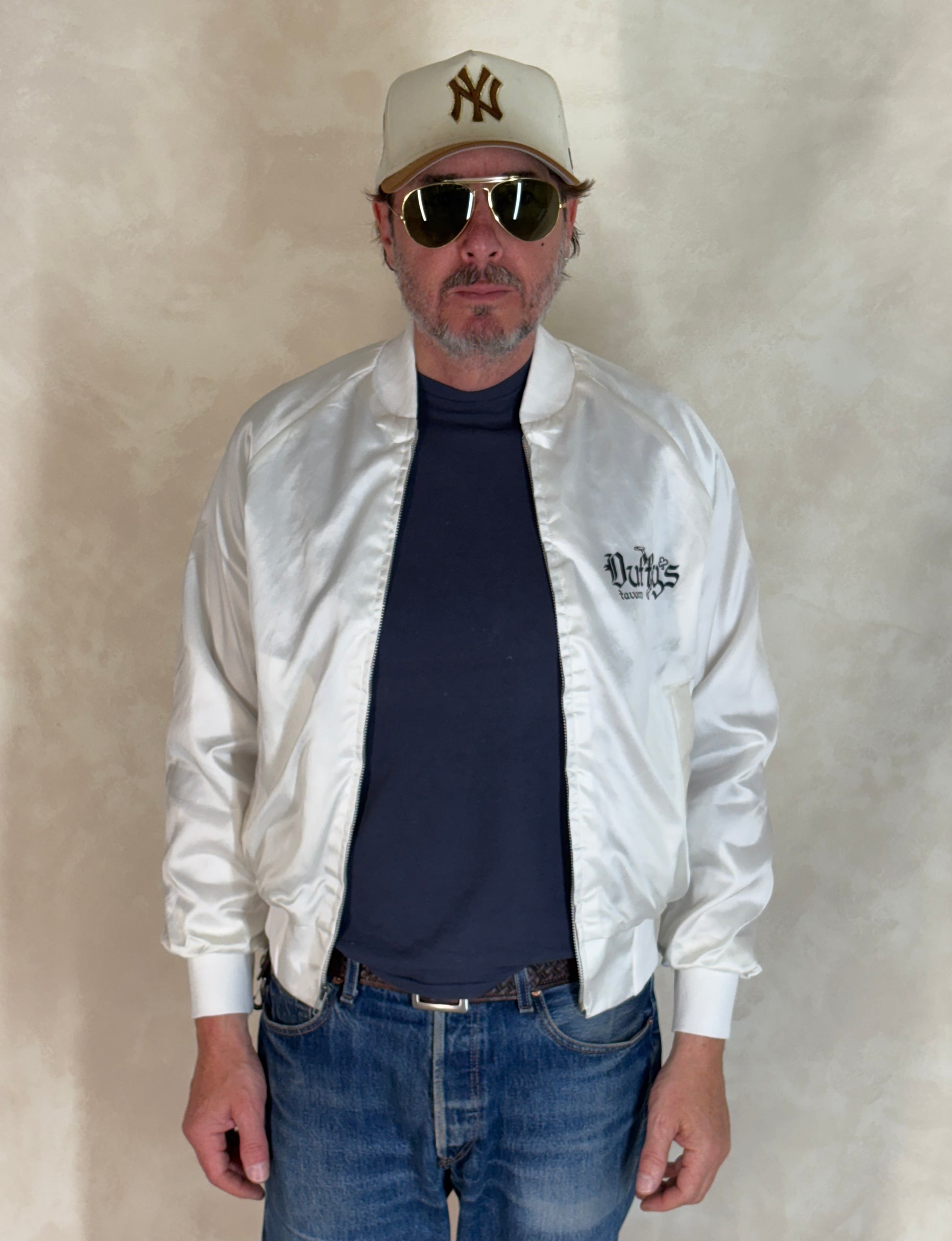 Size Small. Vintage 80s white Satin Jacket King Louie Made In USA - USA Vintage Bcn