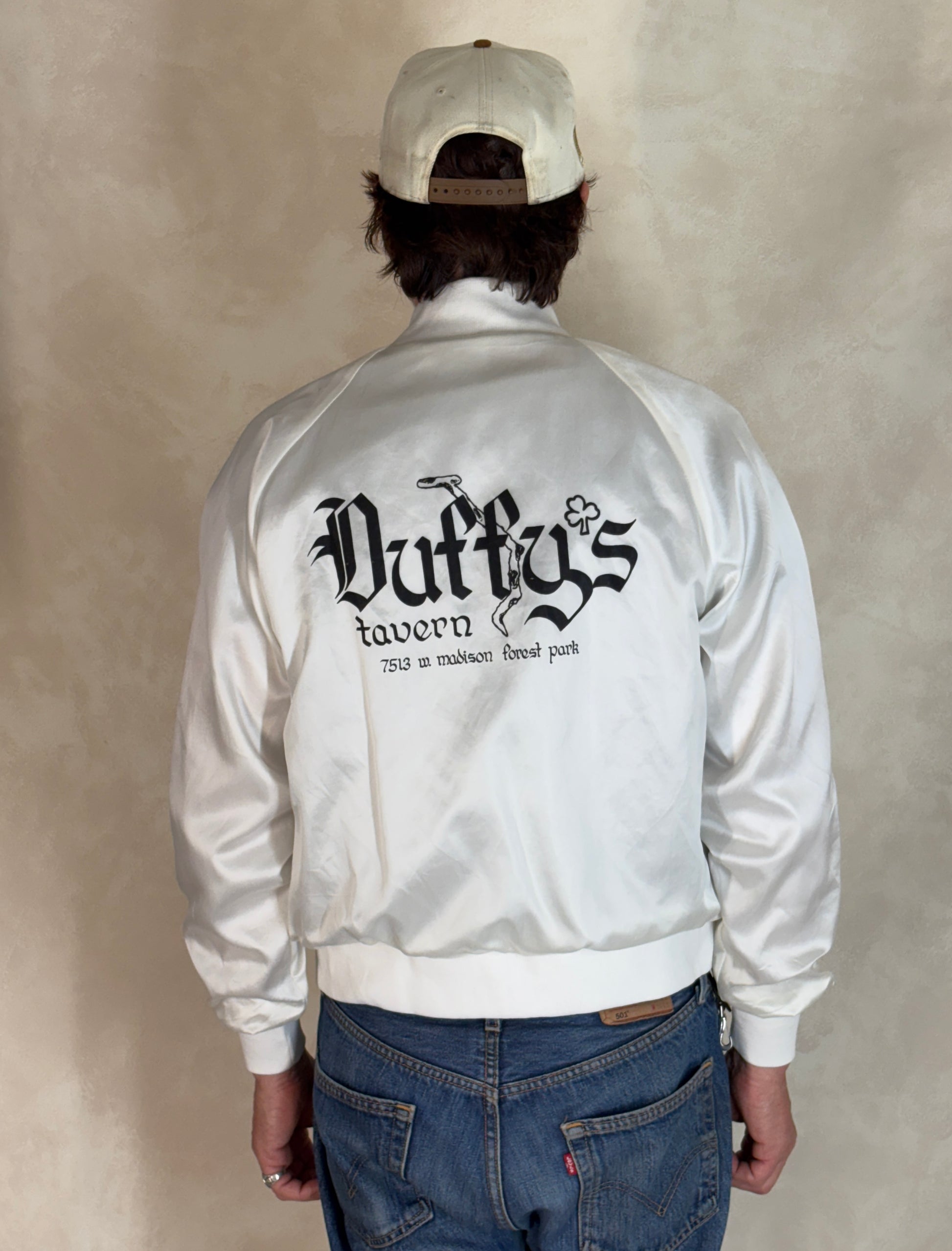 Size Small. Vintage 80s white Satin Jacket King Louie Made In USA - USA Vintage Bcn