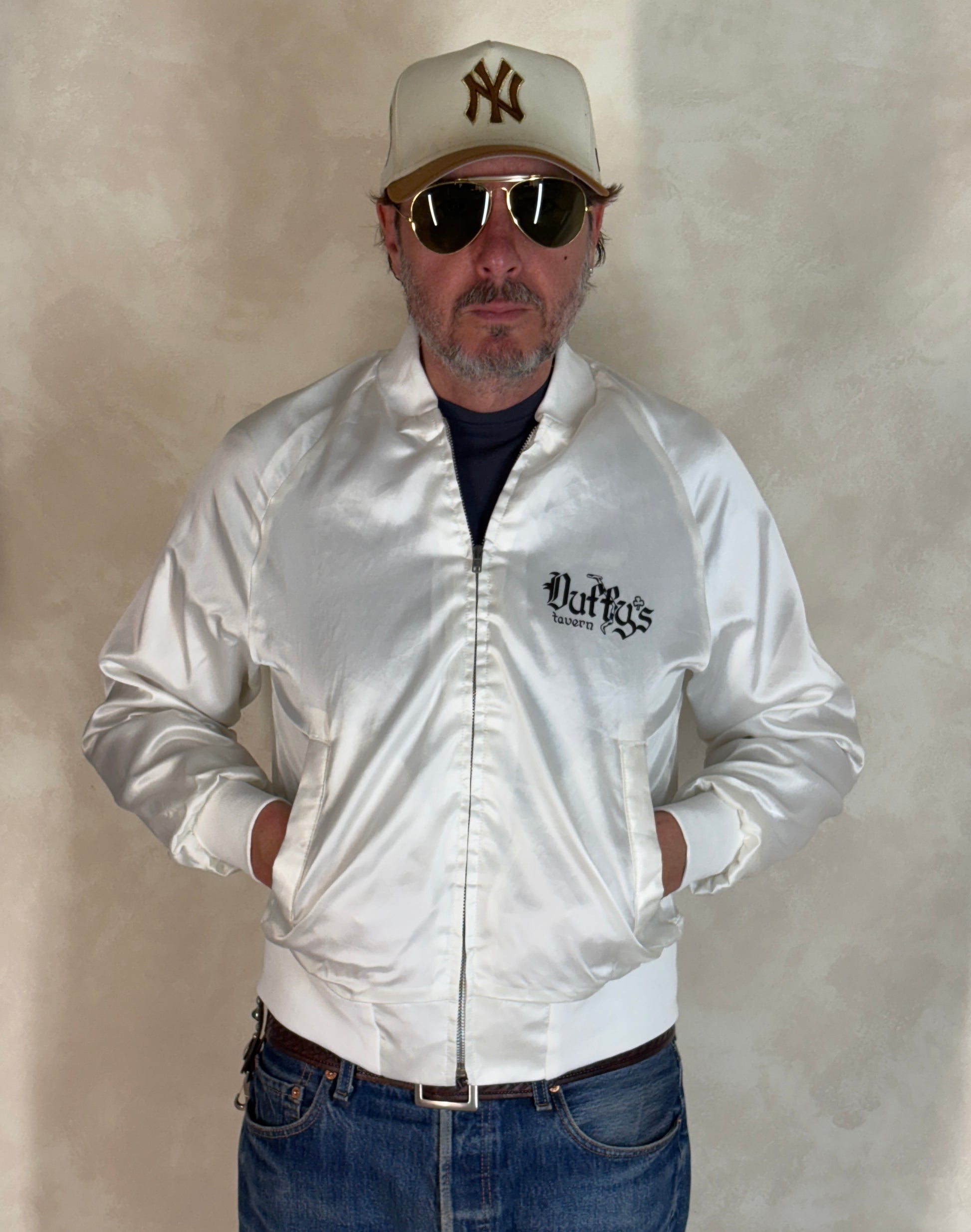 Size Small. Vintage 80s white Satin Jacket King Louie Made In USA - USA Vintage Bcn