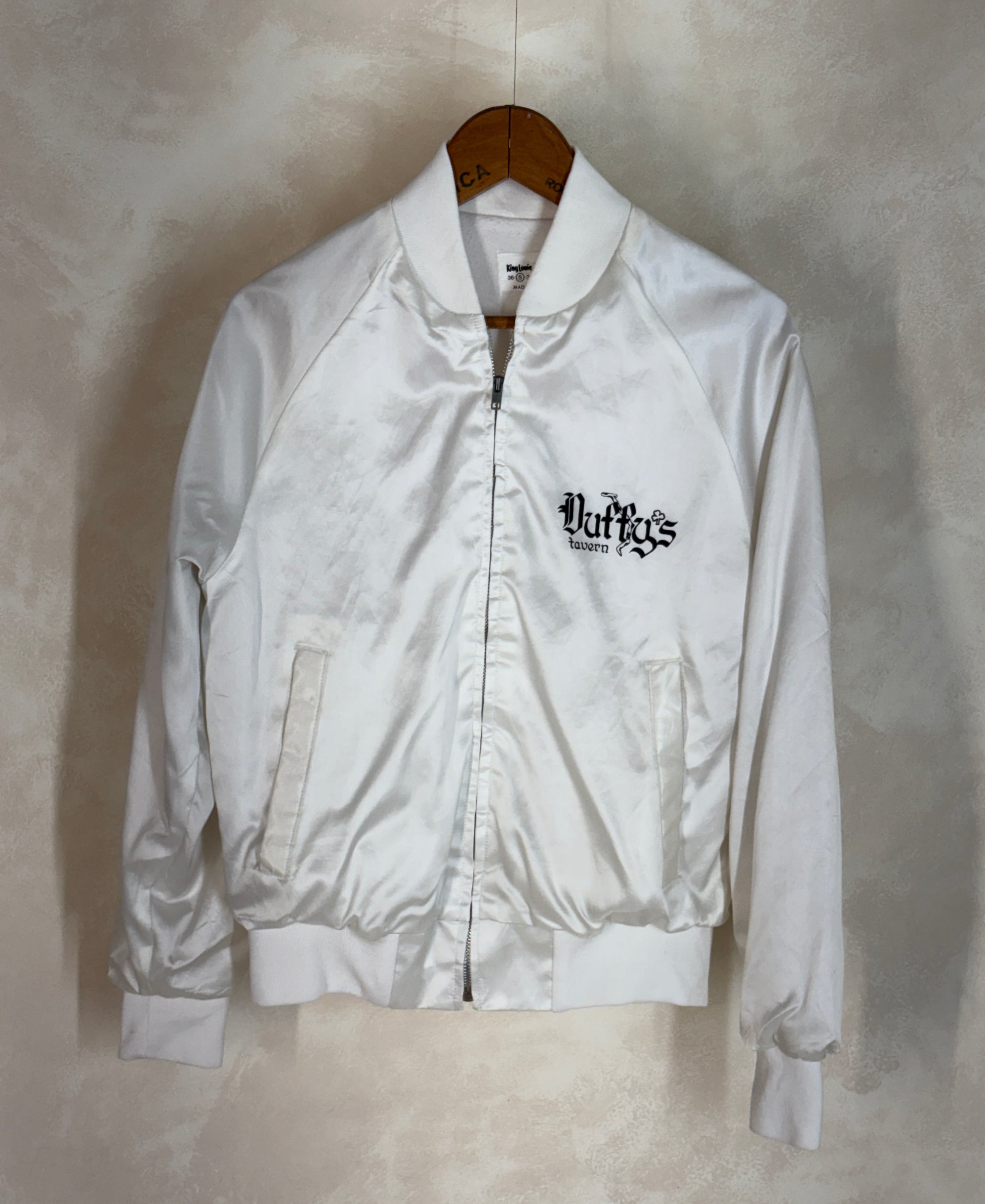 Size Small. Vintage 80s white Satin Jacket King Louie Made In USA - USA Vintage Bcn