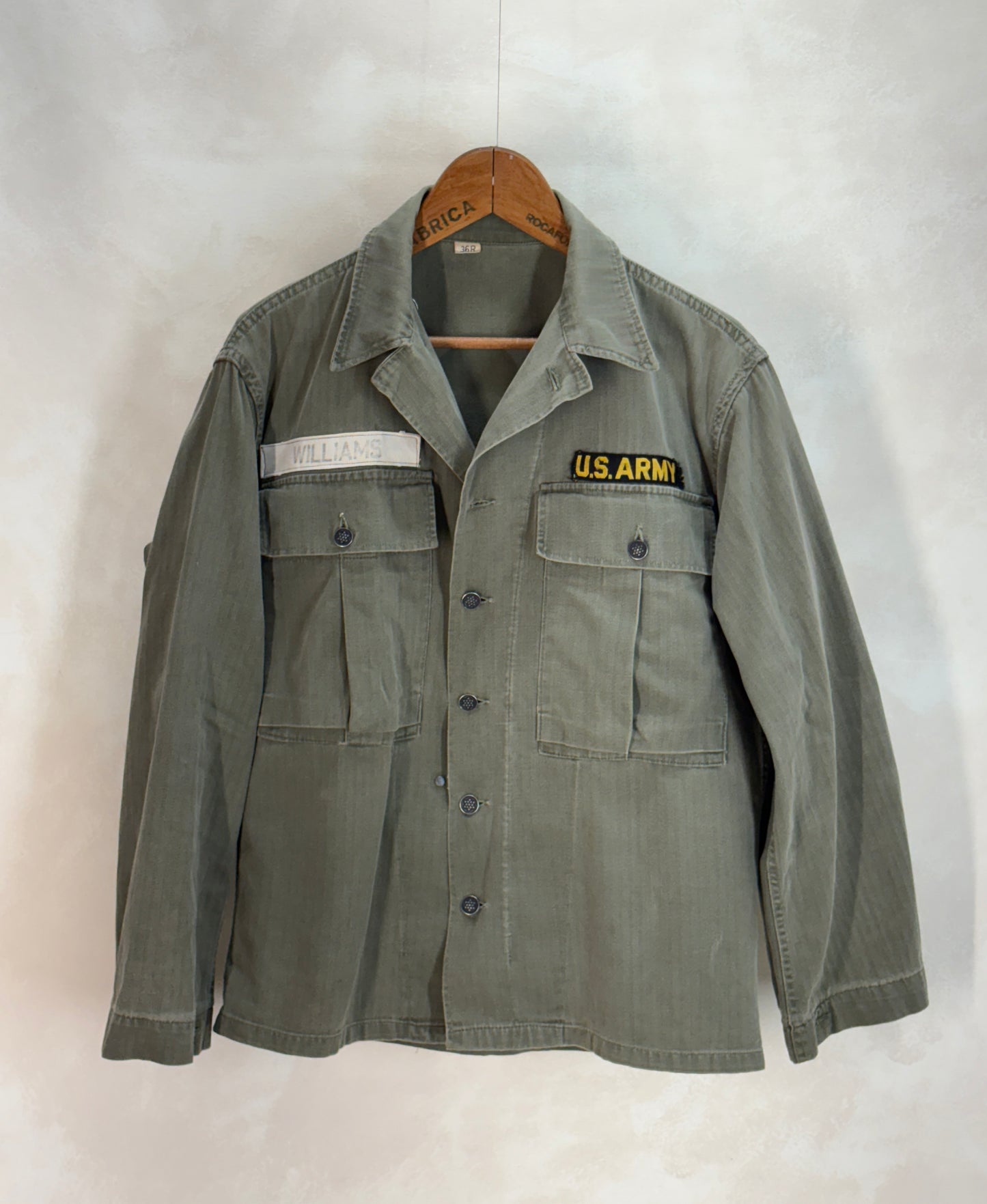 36 Reg. (Medium) Authentic 1950s US Army HBT Utility Shirt – Korean War Era – Type II – 13 Star Buttons - USA Vintage Bcn
