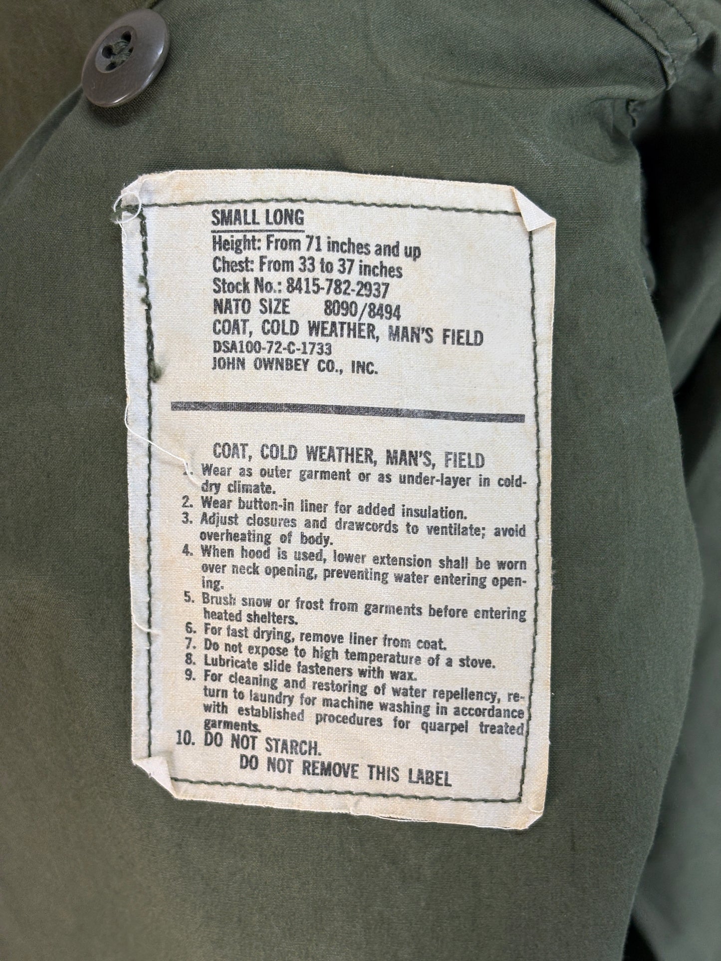 Small Long. Authentic 1972 US Army M-65 Field Jacket – Vintage Military Issue. Made by John Ownbey - USA Vintage Bcn