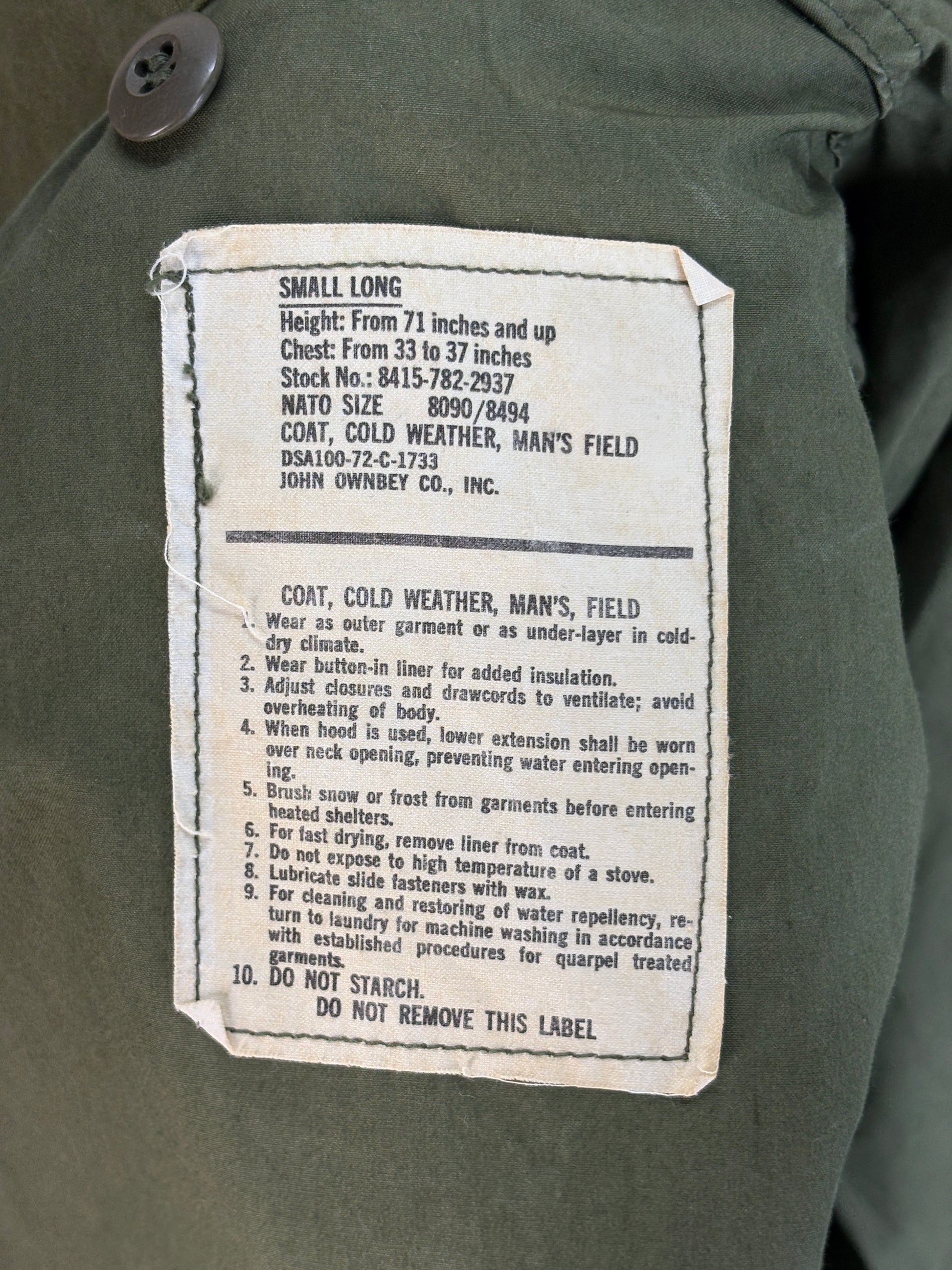 Small Long. Authentic 1972 US Army M-65 Field Jacket – Vintage Military Issue. Made by John Ownbey - USA Vintage Bcn