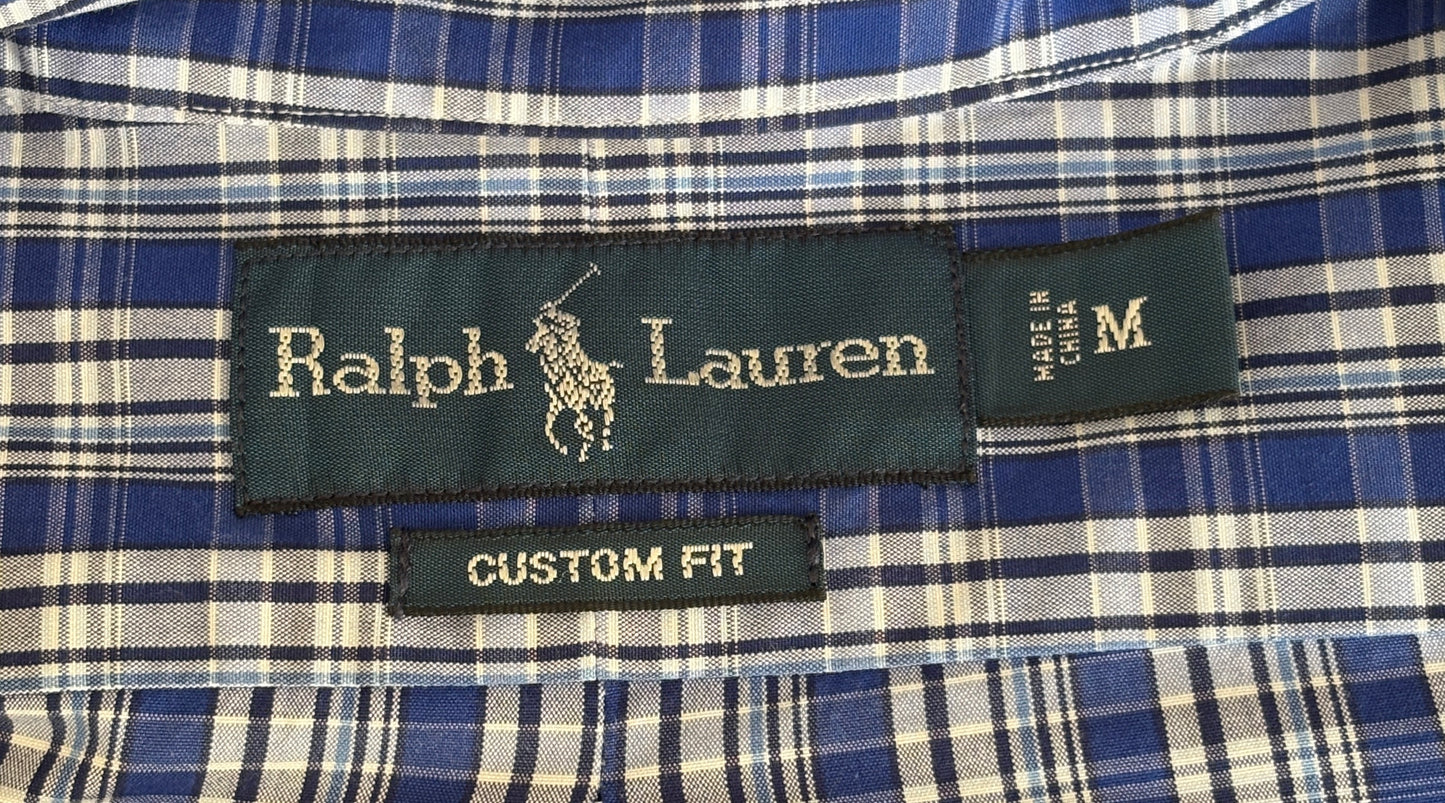 Ralph Lauren Custom Fit Shirt Medium Blue White Plaid Cotton Button Down