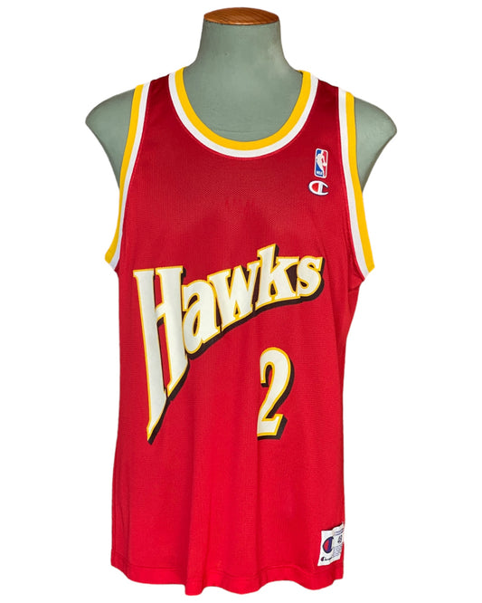 Size 48 Stacey Augmon #2 Hawks 90s Vintage NBA Jersey - Made by Champion in USA - Front View