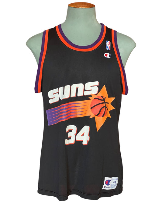 Vintage 90s NBA Phoenix Suns Charles Barkley #34 jersey, size 44 - front view. Made in USA by Champion.