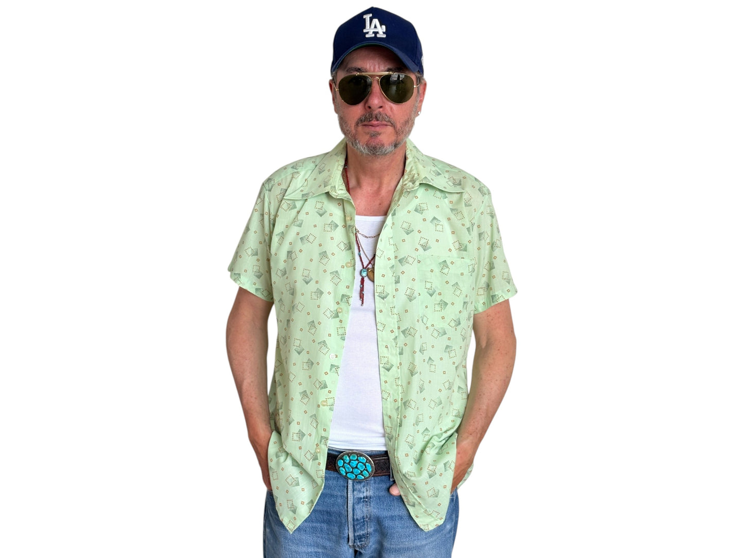 Size M. Vintage 70’s Grand Prix Shirt — Light Green Printed Casual Shirt — Summer Retro Look - USA Vintage Bcn