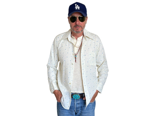 Size M. Vintage 70’s Shirt — Long Sleeve — Graphic Print — Retro Summer Festival Shirt - USA Vintage Bcn