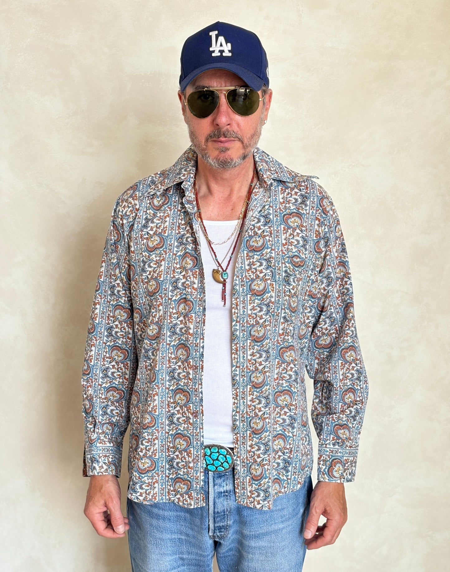 Size M. Vintage 70’s Long Sleeve Paisley Shirt — Bold Boho Retro Festival Shirt - USA Vintage Bcn
