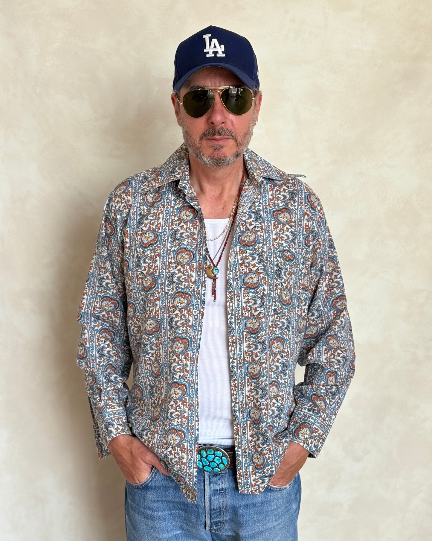 Size M. Vintage 70’s Long Sleeve Paisley Shirt — Bold Boho Retro Festival Shirt - USA Vintage Bcn