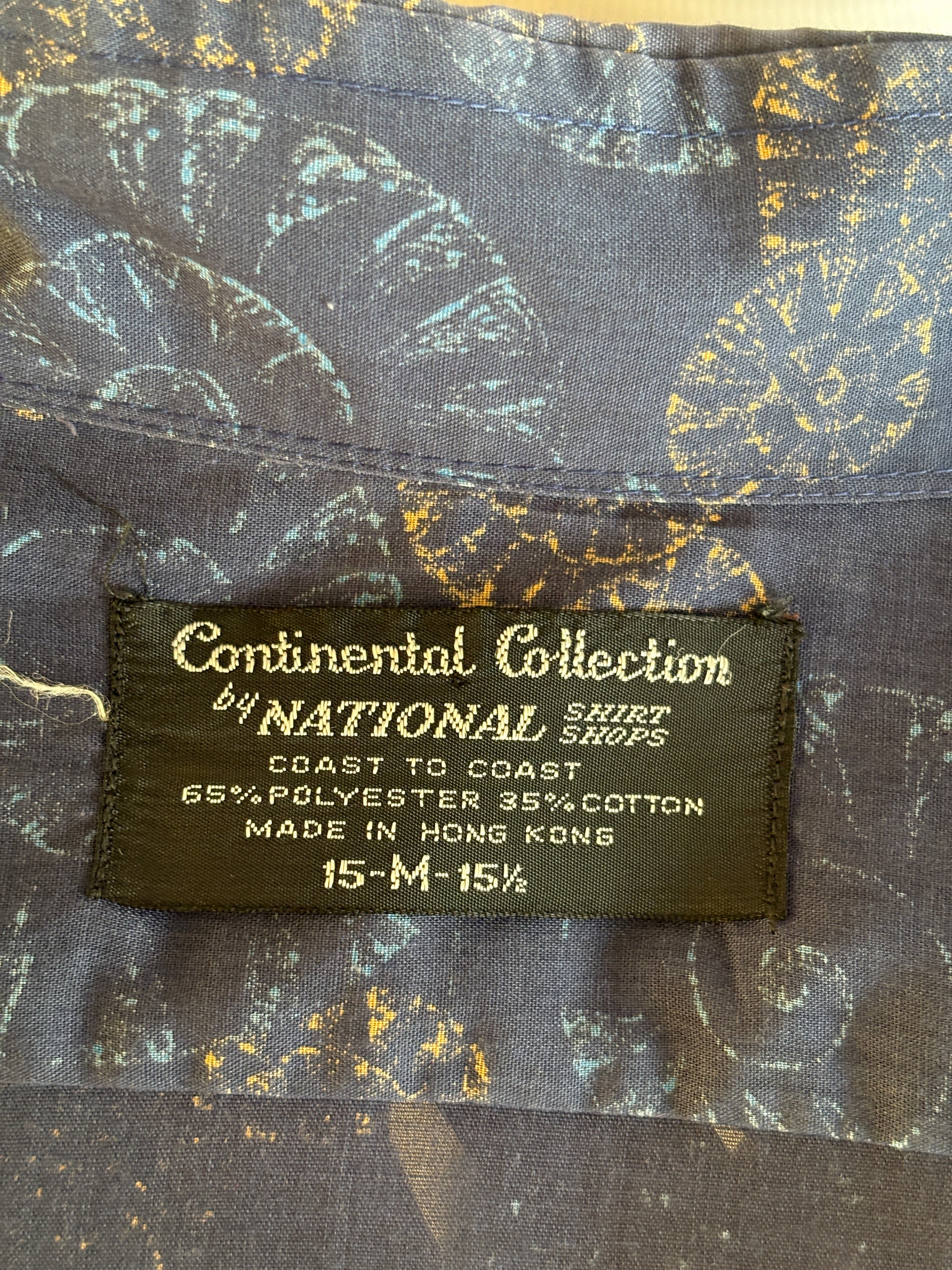 Size M. Vintage 70’s Blue Patterned Shirt – Long Sleeve – Retro Geometric Festival Shirt - USA Vintage Bcn