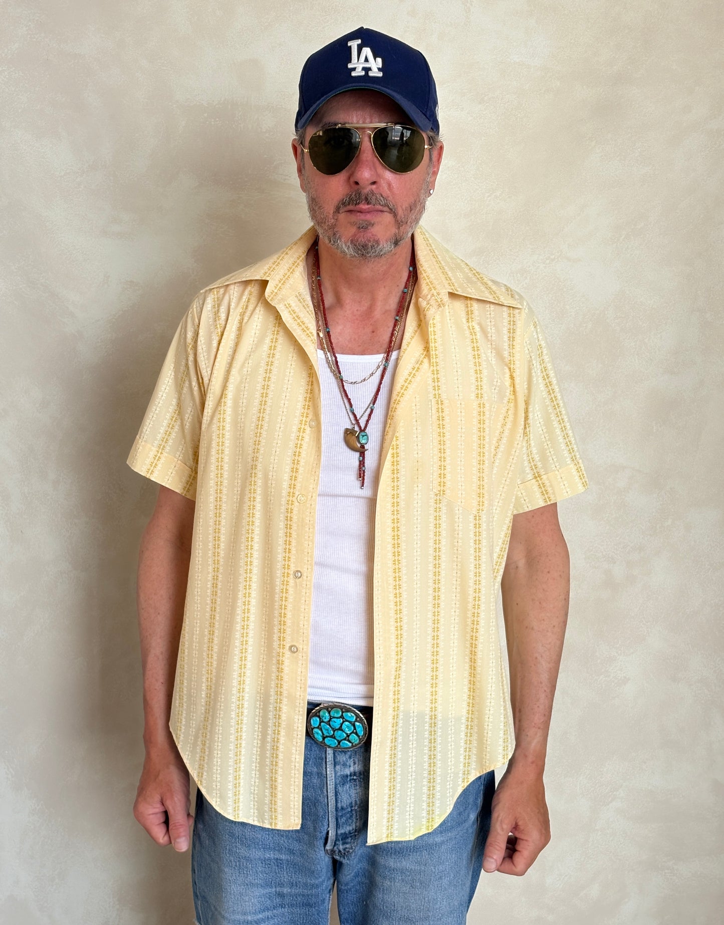 Size M. Vintage 70’s Yellow Striped Printed Shirt — Retro Casual Summer Shirt - USA Vintage Bcn
