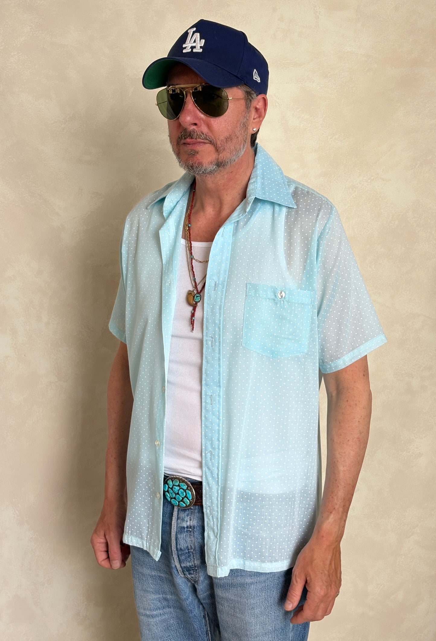 Size M. Vintage 80’s Light Blue Printed Shirt — Casual Retro Summer Shirt - USA Vintage Bcn