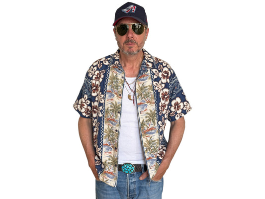 Large. Vintage 90s Hawaiian Barkcloth cotton shirt - USA Vintage Bcn