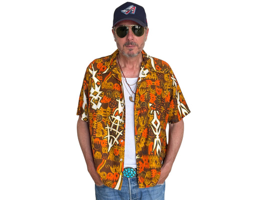 Vintage 1970s Hawaiian cotton shirt by Kauai with floral print, size XLarge.