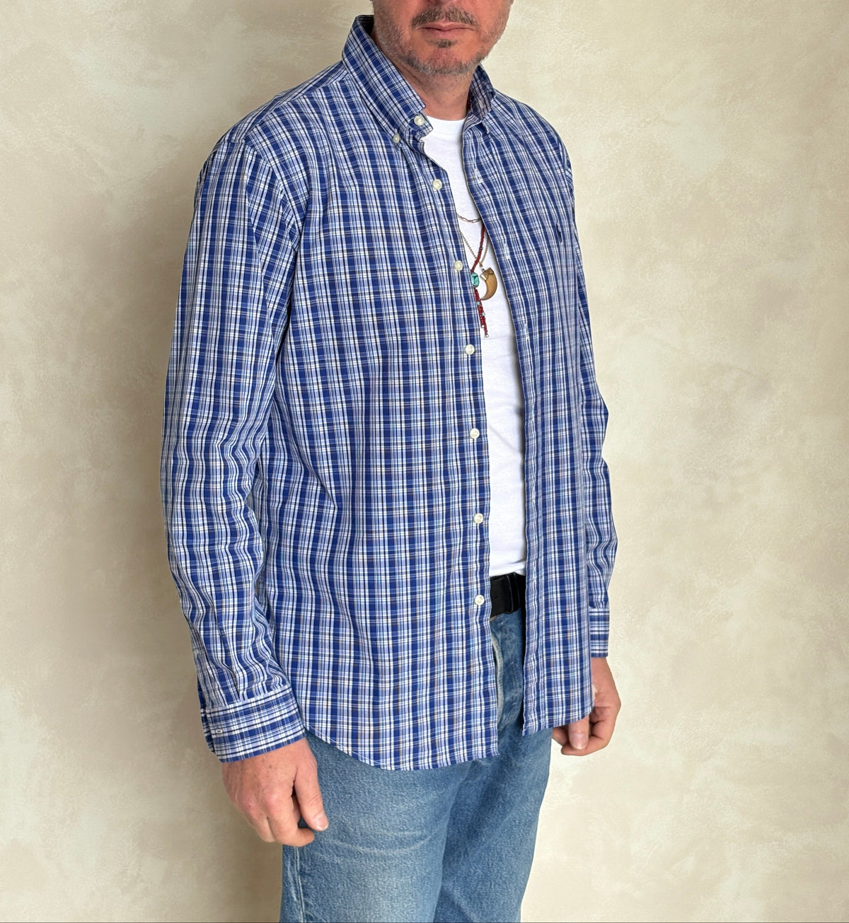 Ralph Lauren Custom Fit Shirt Medium Blue White Plaid Cotton Button Down-AJ357 Studio