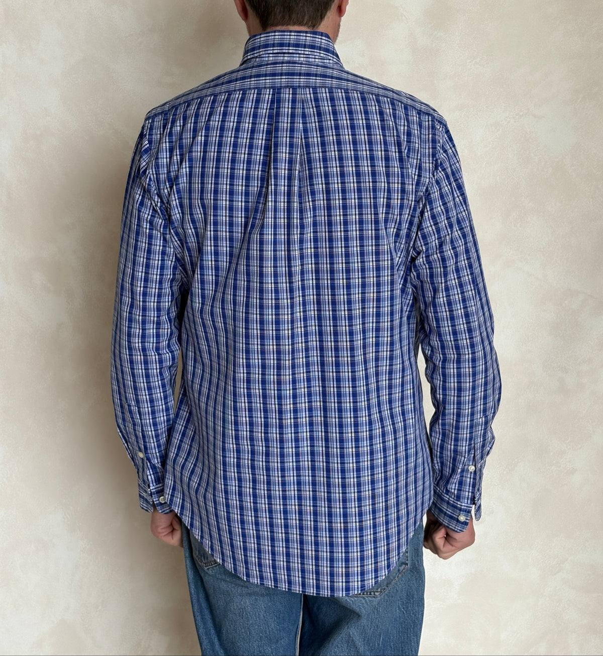 Ralph Lauren Custom Fit Shirt Medium Blue White Plaid Cotton Button Down-AJ357 Studio