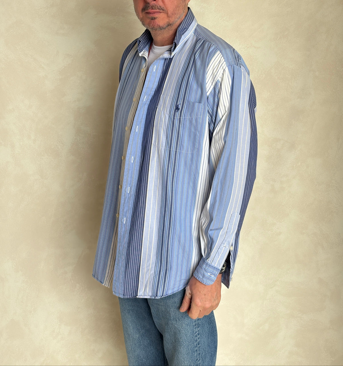 Ralph Lauren BLAIRE Shirt Medium Blue Striped Cotton Button Down-AJ357 Studio