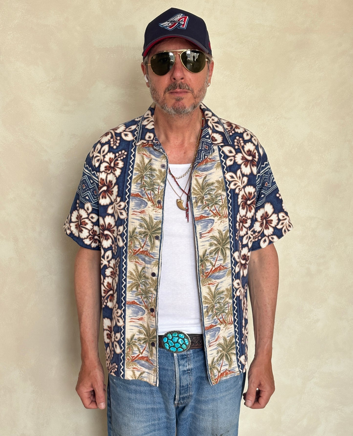 Large. Vintage 90s Hawaiian Barkcloth cotton shirt - USA Vintage Bcn