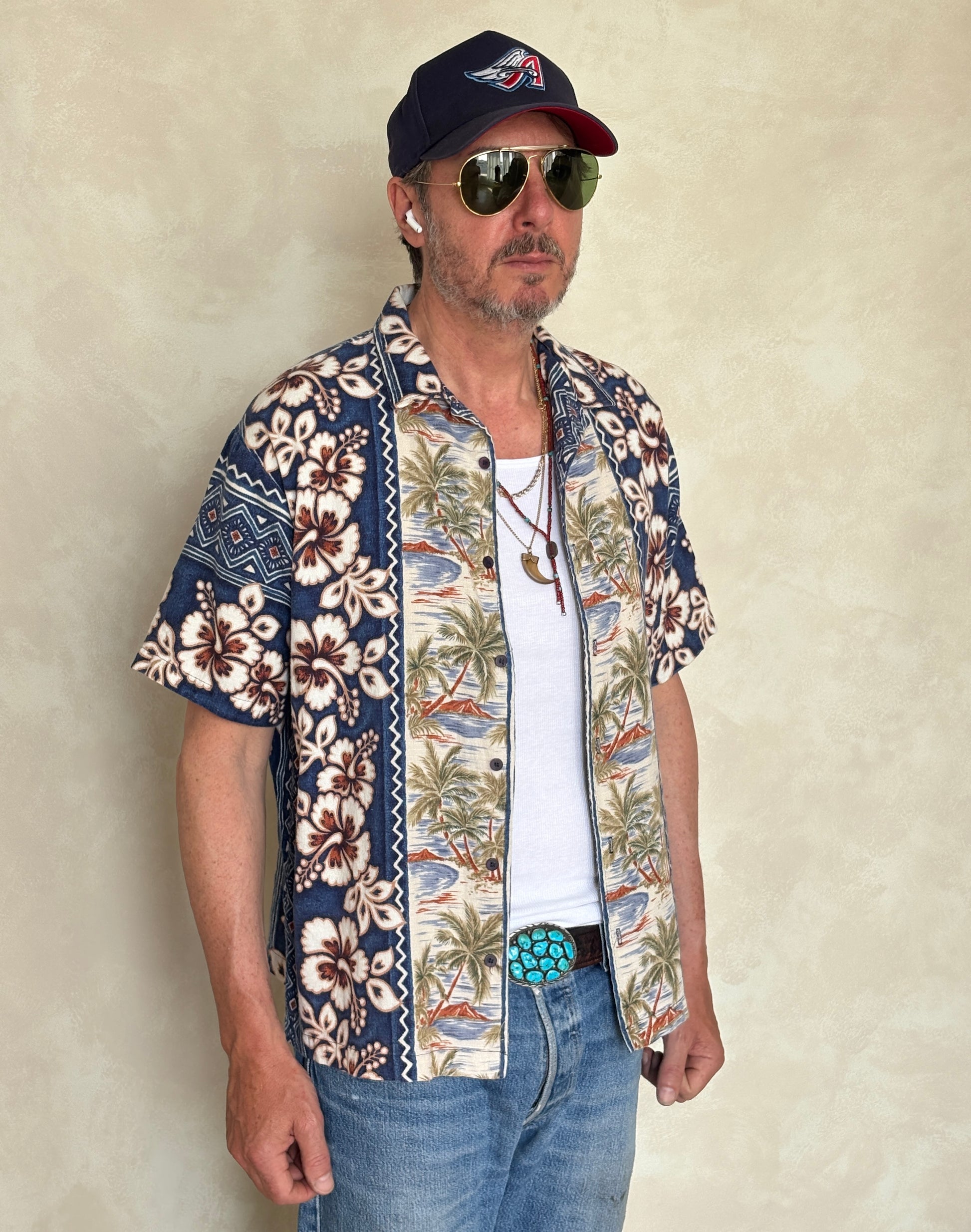 Large. Vintage 90s Hawaiian Barkcloth cotton shirt - USA Vintage Bcn