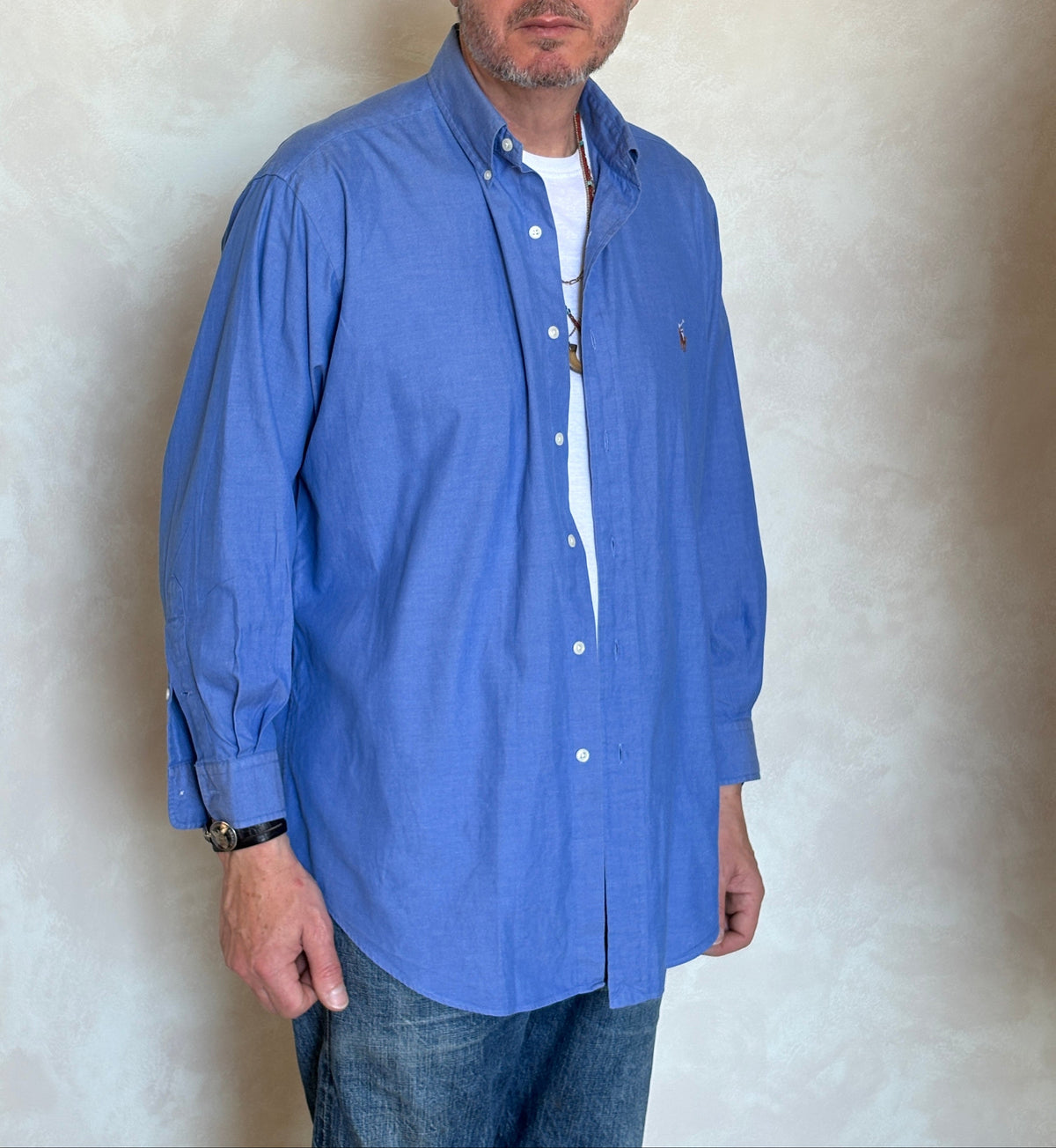Ralph Lauren YARMOUTH Button-Down Shirt Large | Solid Blue Pinpoint Oxford Cotton | Mens Classic Shirt-AJ357 Studio