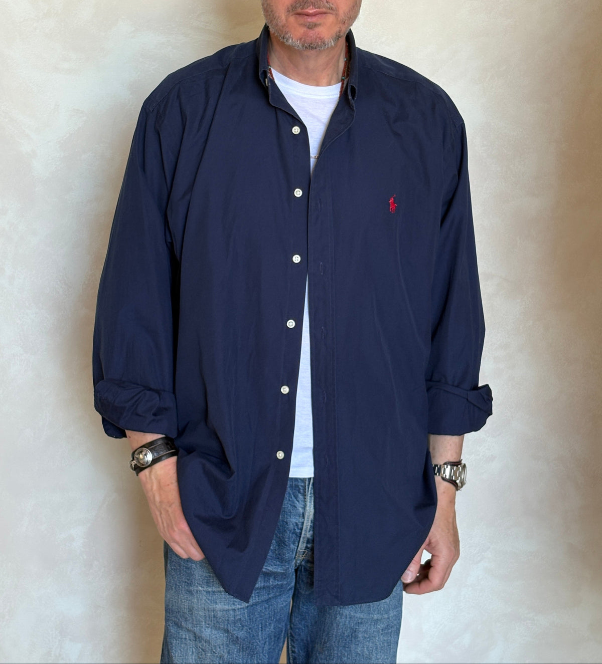 Ralph Lauren BLAKE Button-Down Shirt Large | Solid Navy Two-Ply Cotton | Mens Classic Shirt-AJ357 Studio