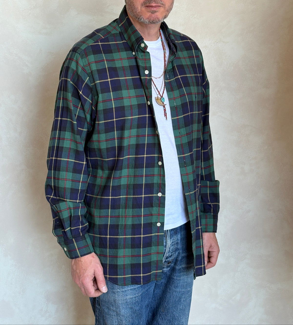 Ralph Lauren Classic Fit Button-Down Shirt Large | Green Navy Tartan Plaid | Mens Classic Shirt-AJ357 Studio