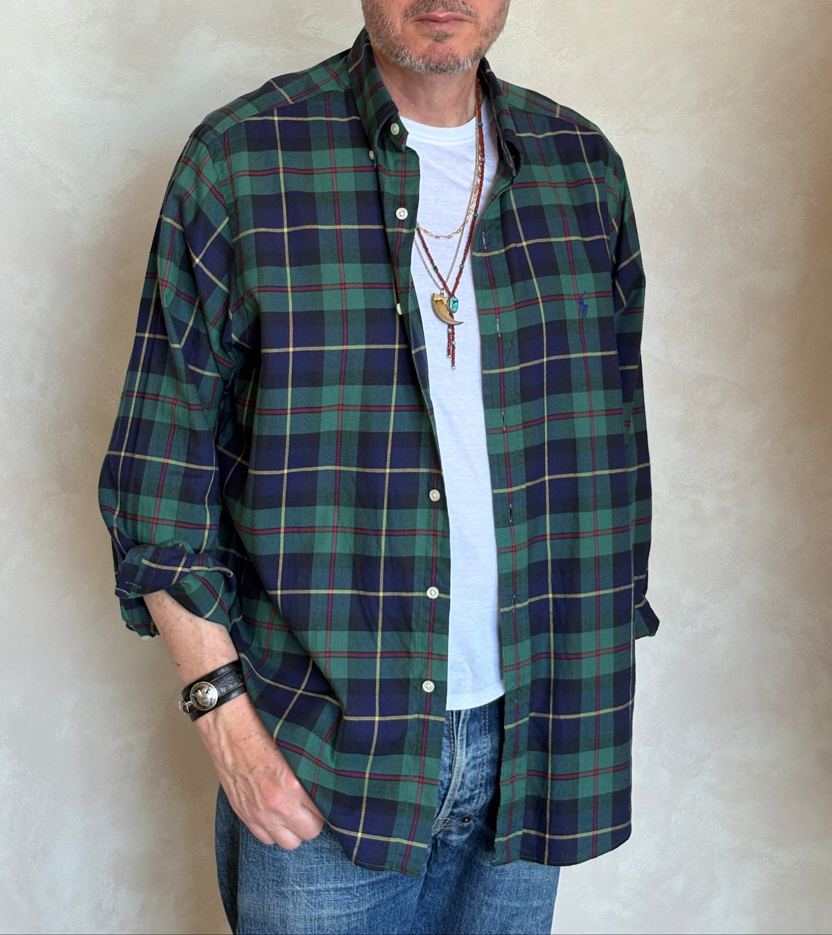 Ralph Lauren Classic Fit Button-Down Shirt Large | Green Navy Tartan Plaid | Mens Classic Shirt-AJ357 Studio