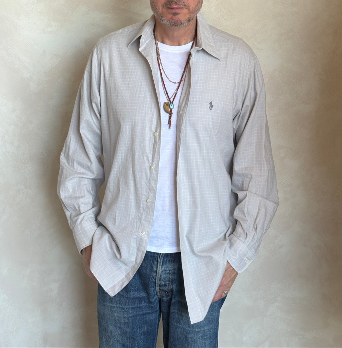 Polo by Ralph Lauren ANDREW Shirt 16-34/35 Large | Grey Windowpane Check Cotton | Vintage Mens Shirt-AJ357 Studio